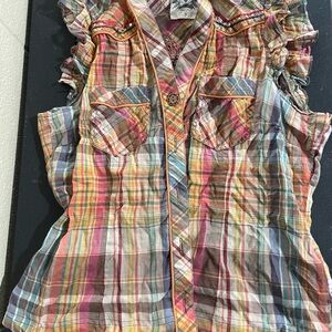 Miss Me Rhinestone & Plaid Top Sz S